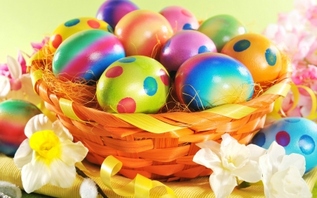 Easter Eggs - eggs, flowers, basket, Easter eggs, daffodils, Easter, ribbons