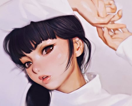 Girl - anime, ilya kuvshinov, portrait, girl, black, manga, fantasy, white, hand, woman, face, art