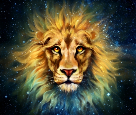 Starlion - starlion, stars, lion, jolakotturinn, fantasy, face, art, blue, luminos, orange, animal