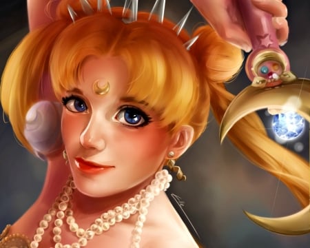 Princess Serenity - moon, pearls, girl, fantasy, sailor moon, face, art, luminos, anime, orange, golden, luna, elledrawsandstuff, blonde, manga