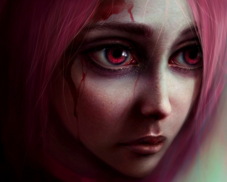 Lucy - realistic, jolakotturinn, fantasy, red eyes, face, art, lucy, luminos, pink