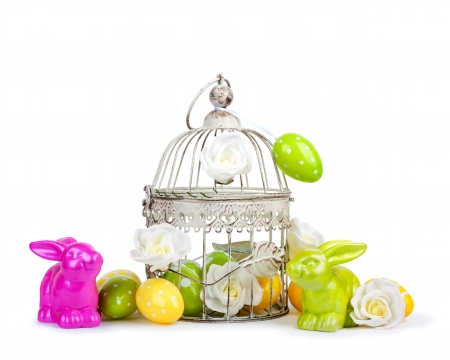 Happy Easter! - yellow, pink, bunny, easter, cage, white, green, figurine, egg, card