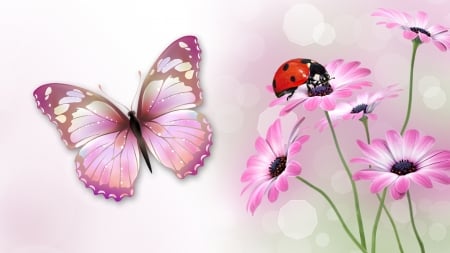 Butterfly and Ladybug - bokeh, summer, spring, ladybug, floral, pink, flowers, butteflies, firefox persona theme