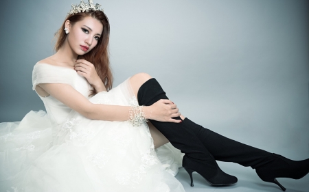 Bride - bride, tiara, blue, boots, girl, stilettos, black, white, woman, model