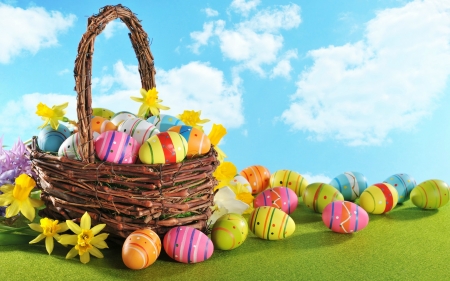 Happy Easter - eggs, flowers, clouds, basket, Happy Easter, daffodils, Easter, sky