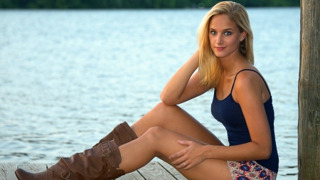 Modern Cowgirl - cowgirl, water, boots, wood, blonde, lake, pier