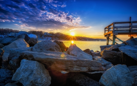 Golden Sunset on the River - clouds, river, stone, sunset, nature, pier