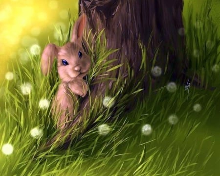 Spring Greetings - love four seasons, flowers, spring, grass, easter, rabbit, dandelions, nature, colors, bunny, paintings, green