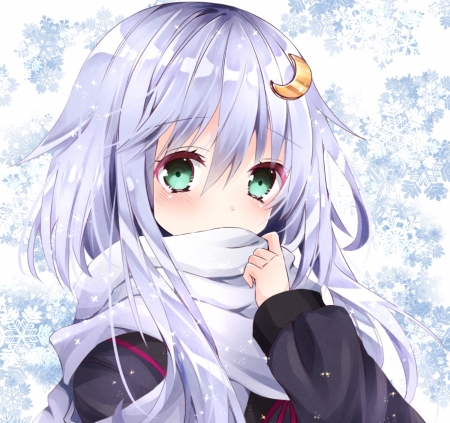 Yayoi Destroyer - pretty, anime, female, blue, white hair, golden, moon, anime girl, beautiful, girl, beauty, lovely, sweet, white, scarf, lady, woman, soft