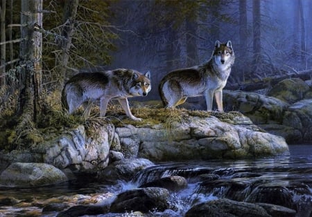 'The hunters'...... - trees, stream, forest, animals, wolves