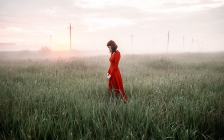 Lonely in the Light - woman, nature, red dress, sunlight, female, field, grass