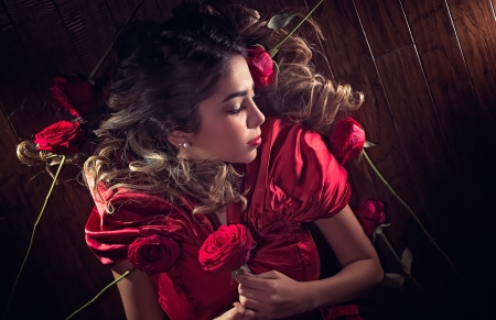 Comforting Flowers - woman, female, roses, red, flowers