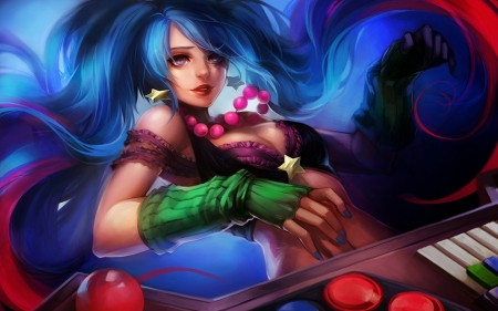 Sona - red, game, sona, girl, blue, art, fantasy, league of legends, luminos