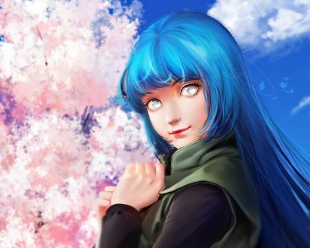 Hyuuga Hinata - girl, hyuuga hinata, fantasy, spring, art, naruto, sakura, pink, blue, anime, manga, imirpz