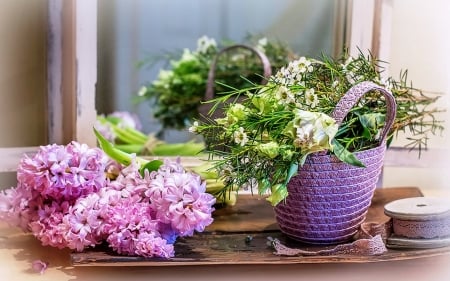 Hyacinths - beauty, hyacinths, freshness, fresh, smell, bascket, bouquet, spring, purple, pink, green, flowers