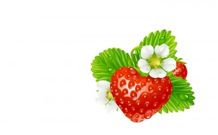 Strawberry - strawberry, flower, child, white, red, green, water drops, fruit, card, leaf