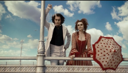 Sweeney Todd: The Demon Barber of Fleet Street (2007) - woman, the demon barber of fleet street, actress, couple, movie, sweeney todd, umbrella, man, red, actor, johnny depp, helena bonham carter