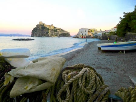 Ischia Italy at Dusk - beach, italy, castle, ischia, sand, dusk