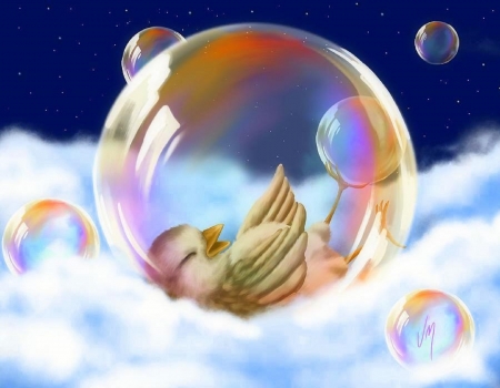 Starry Night - clouds, bird, paintings, spring, colors, rainbows, fantasy, nature, bubbles, love four seasons, sky, animals