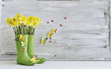 Green Boots - flowers, yellow, green, boots