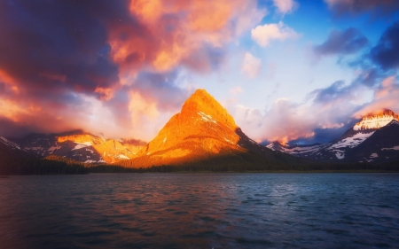 Mountain - lake, winter, sunset, nature, mountain, snow