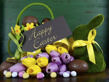 Happy Easter - eggs, bows, chocolate, still life, bunny, Easter, tulips, Happy Easter, candy, ribbons