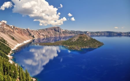 Crater Lake - nature, lake, trees, reflection, clouds, crater