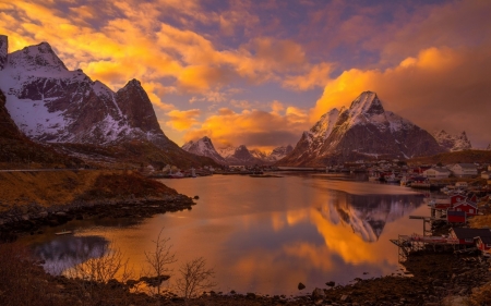 Sunset - cloud, sky, lake, water, sunset, mountain, snow, grass