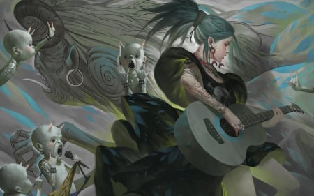 Rock - woman, girl, guitar, instrument, fantasy, art, zeen84, creature, green, rock, demon