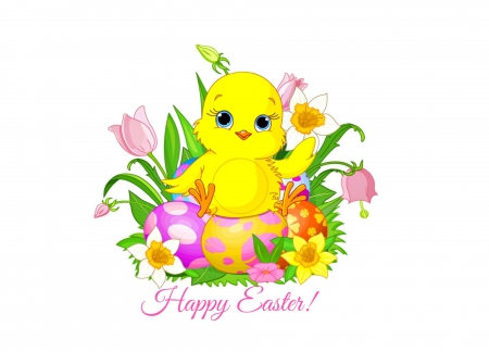 Happy Easter! - easter, child, spring, white, chicken, yellow, green, card, by cehenot, egg, cute, flower