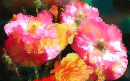 Poppies - painting, art, yellow, luminos, pink, pictura, texture, flower, poppy