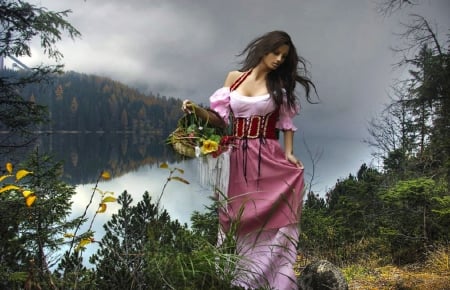 Girl picking Flowers - pretty, female, beautiful, girl, flowers, river, fantasy, nature, costume, digital, woman, brunette, art