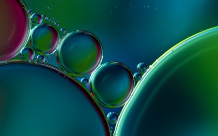 Oil bubbles in water - glass, water, bubbles, oil, luminos, blue, green, texture, drops