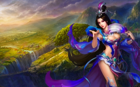 Mountain Beauty - woman, girl, female, mountains, asian, fantasy, nature, art, purple, pretty, figure, blue, beautiful, digital