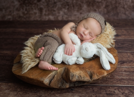 Sleeping baby - rabbit, wood, brown, bunny, copil, baby, toy, child, fur, white, sleep, cute