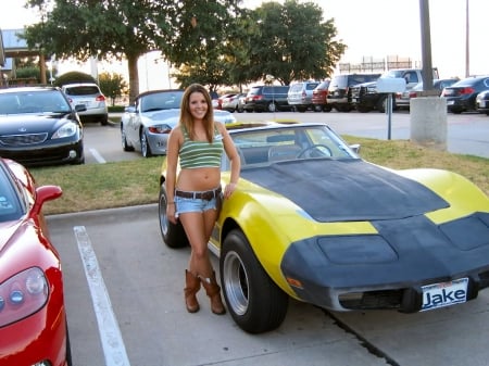 Her Vette' - girls, women, style, fun, models, female, cutoffs, fashion, cars, cowgirls, boots, outdoors, brunettes, western, chevy, corvette