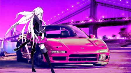 Purple Skies - purple, car, pink, vocaloid, anime, anime girl, ia