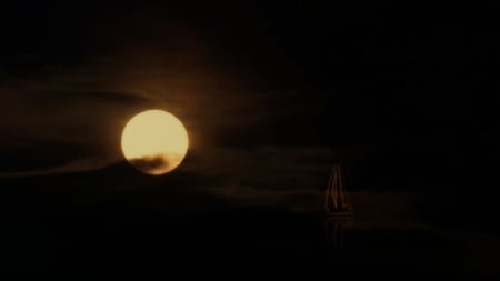 Sailing to the moon - moon, sailing, boat, clouds