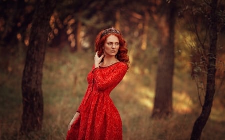 Lovely Girl - woman, forest, model, red