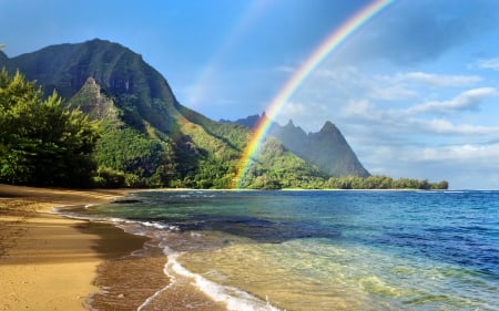 Haena Beach, Kauai, Hawaii - clouds, rainbow, sea, mountains, sky