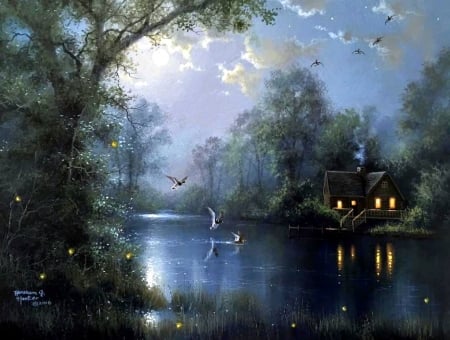 Night Life - clouds, summer, attractions in dreams, flying birds, paintings, fireflies, night, moons, nature, cottages, lakes, love four seasons, sky