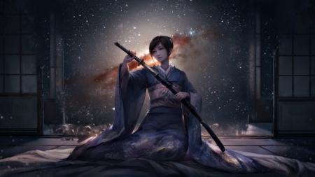 Samurai - anime, realistic, girl, sword, jlien, beauty, kimono, dark, fantasy, woman, katana, di qiu wang shi, luminos