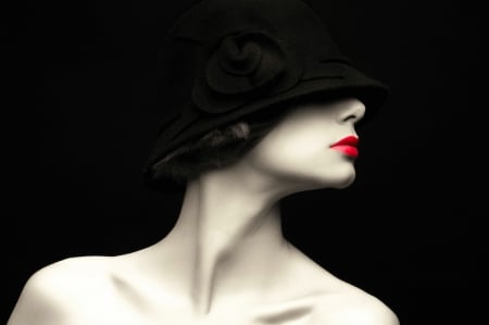 Beauty - red, retro, black, beauty, hat, lips, girl, woman