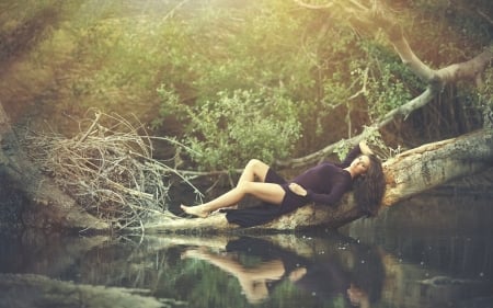 relaxing in the forest - girl, stream, forest, tree