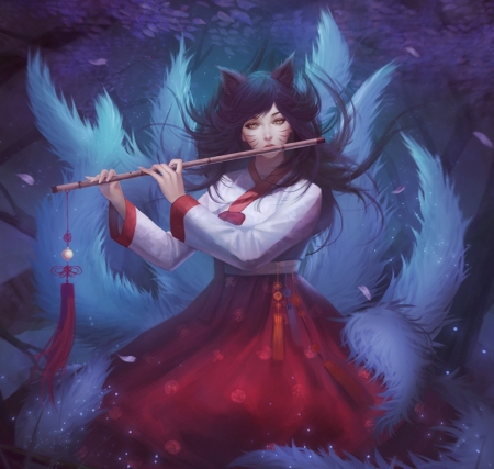 Ahri - pretty, anime, female, fovvie, dress, long hair, red, art, videogames, tails, anime girl, beautiful, girl, lovely, white, lady, woman, black hair, fox ears