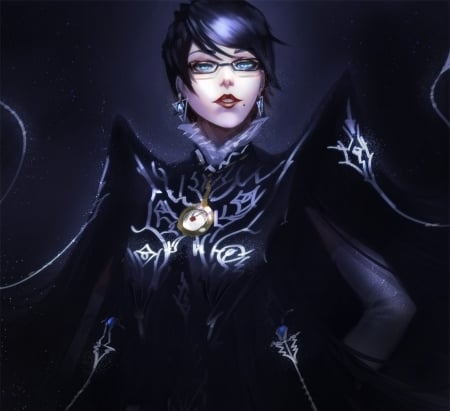 Bayonetta - pretty, videogames, female, beautiful, beauty, black haur, sweet, short hair, witch, black, glasses, lady, woman, cute, art