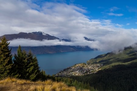 Small Rown at Lakeside - water, houses, landscape, clouds, hills