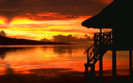 Sunset Lake - bungalows, clouds, sea, sky