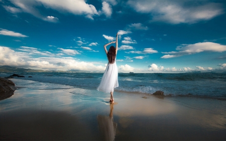 Lovely Day - woman, sky, beach, sea