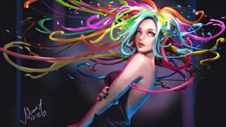 Girl - red, pink, black, yellow, blue, art, rainbow, fantasy, colorful girl, naninna, woman, green